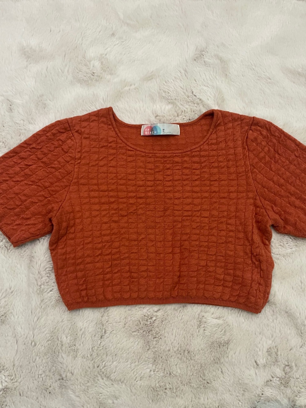 Free People Beach Burnt Orange Textured Knit Cropped Short Sleeve Boho Relaxed M